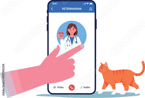 Online veterinarian consultation via smartphone app with female doctor and cat flat vector illustration