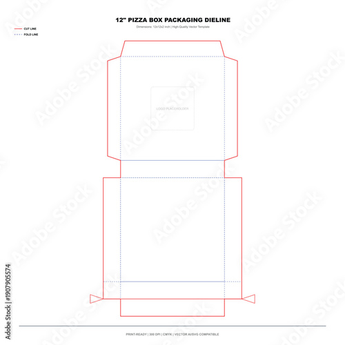 Pizza box packaging dieline with brand logo placeholder