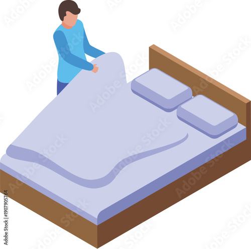 Hotel room service attendant making bed with fresh linen