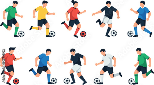 Set of diverse soccer players in colorful uniforms dribbling football balls vector illustration
