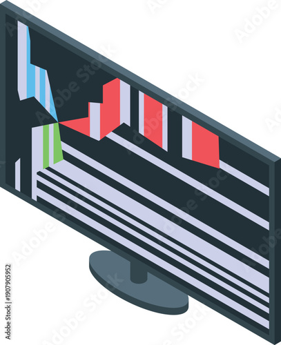 Isometric computer screen showing fluctuating stock market chart with colored bars, representing investment, finance, and market analysis