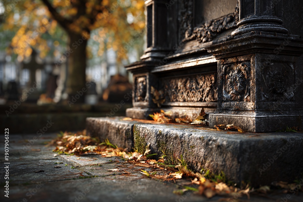 Fototapeta premium Ancient stone steps with autumn leaves urban heritage historical architecture detail