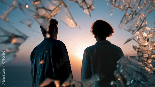 People look at sunset through broken glass showing clear sky and warm colors in the background during evening hours in a quiet location