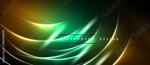 Abstract vibrant background. Smooth flowing lines create dynamic light effects. Green, yellow hues dominate design. Modern aesthetic.