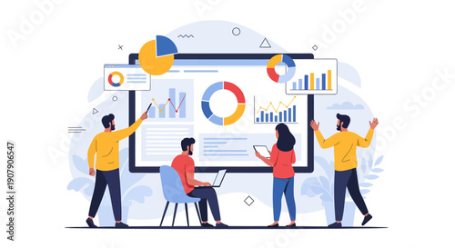 Analysts present complex financial data visualizations including bar graphs and pie charts on a large digital screen during a dynamic business meeting.