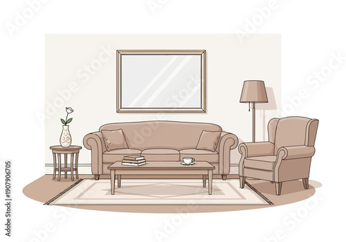 Cozy Living Room Furniture Arrangement with Sofa and Armchair.