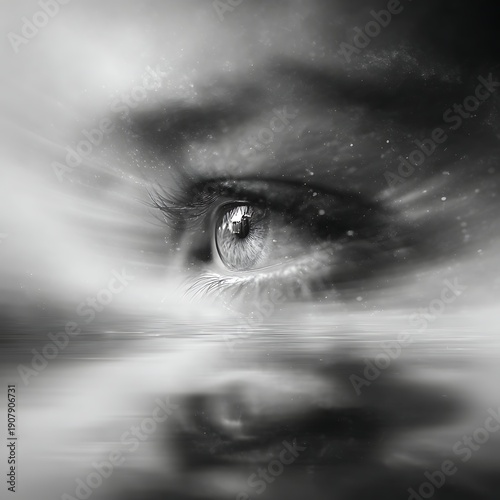 eye reflecting wind motion, blurred atmospheric elements, invisible force concept
