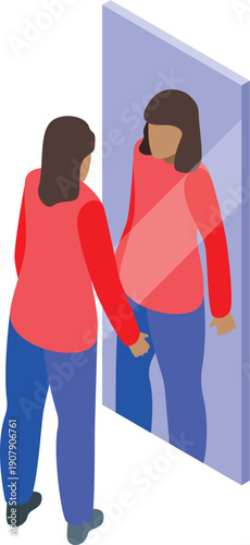 Young woman looking at herself reflecting in mirror, admiring her appearance