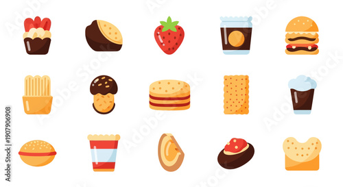 Illustrated icons of various food items isolated on white background