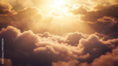 Sun shining brightly through a layer of fluffy golden clouds, creating a majestic and celestial atmosphere above the puffy sky
