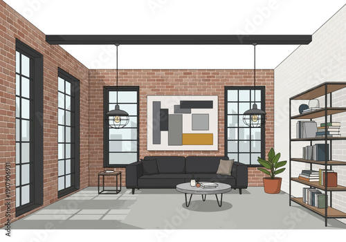 Modern Loft Living Room with Industrial Accents and Artwork.