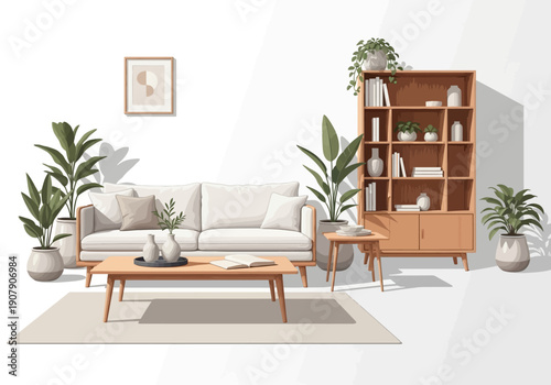 Modern Living Room with Mid-Century Furniture and Plants.