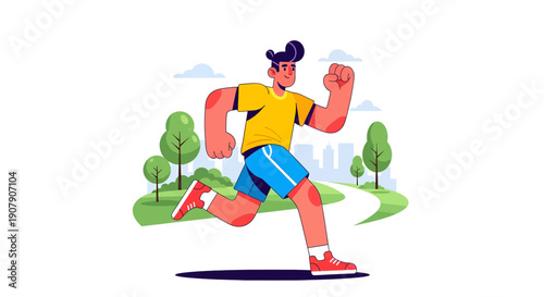 Athletic man in yellow shirt sprints vigorously along a winding park path lined with lush green trees and a distant city skyline symbolizing health and fitness.