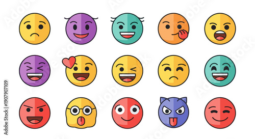 Set of colorful emoji icons depicting various emotions and expressions