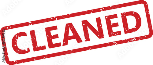 A vibrant red rectangular rubber stamp displaying the word CLEANED on a bright white background