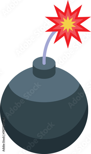 Spherical bomb with a short burning fuse and a red and yellow explosion