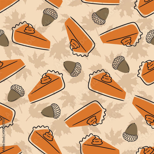 Pumpkin Pie Slice and Acorns Vector Seamless Pattern
