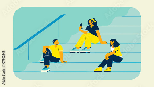 Friends sitting on outdoor stairs socializing and relaxing together in a casual setting with a minimalist design