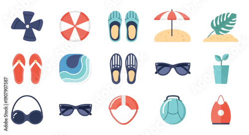 Summer beach icons collection featuring parasols sunglasses and footwear