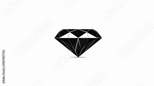 A black, geometric diamond with many facets, set against a stark white background