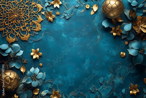 Blue background with gold floral and mandala patterns