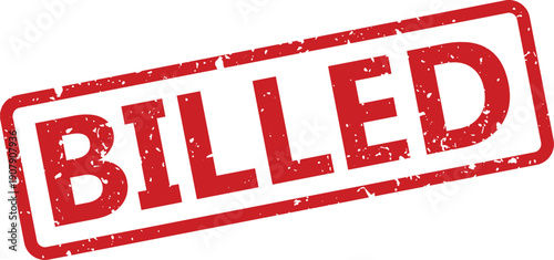 A vibrant red rectangular stamp effect featuring the prominent word BILLED against a clean white surface