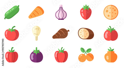 Vegetable and fruit assortment colorful icons in flat design style