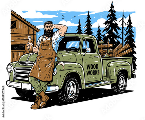 Retro Woodworks Vector Illustration. Rugged Bearded Craftsman Leaning on Vintage Green Pickup Truck with Lumber, Cabin Background Graphic T-shirt Print.
