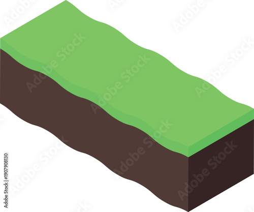 Piece of land with fertile soil and green grass growing on top, representing a healthy environment in isometric view