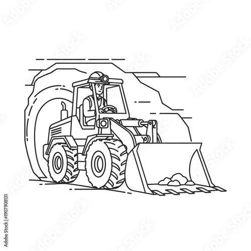 Excavator driver operating front end loader in tunnel excavation