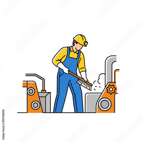 Factory employee sweeping debris near industrial machinery