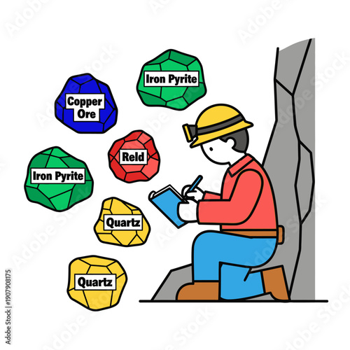 Field geologist taking notes next to labeled mineral ore samples