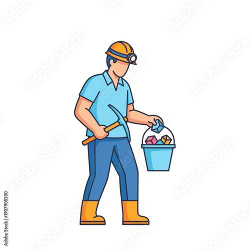 Gemstone miner carrying a pickaxe and a bucket of raw crystals