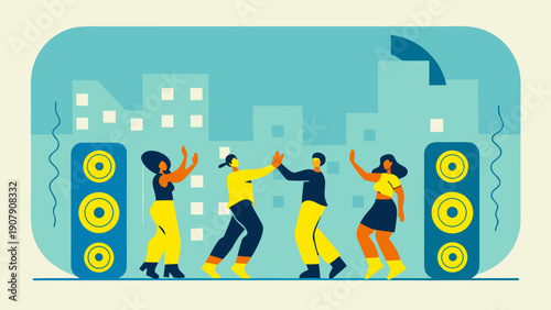Friends dancing at a vibrant city nightlife party with speakers