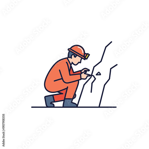 Geologist inspecting a crack in a cave wall illustration