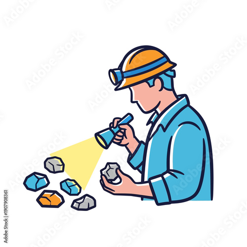 Geologist examining mineral samples with flashlight in mine