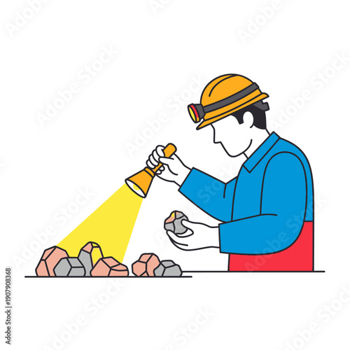 Geologist inspecting mineral samples with a handheld flashlight