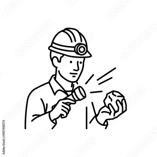 Geologist inspecting mineral rock sample with flashlight line art