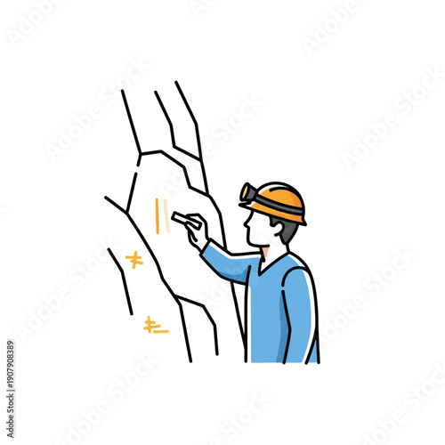 Geologist marking rock wall inside underground mine tunnel