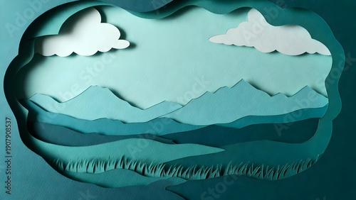 Serene layered paper art depicts a tranquil mountain landscape with soft clouds.