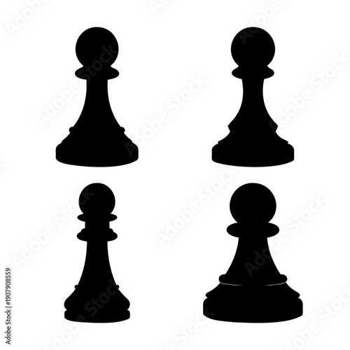 Four dark chess pawn silhouettes on a stark white background, representing strategic game pieces