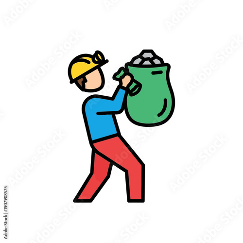 Hardworking miner carrying heavy sack of extracted mineral ore