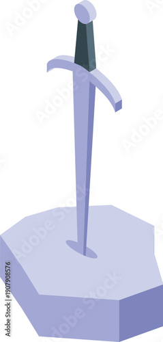 Isometric icon of a legendary sword stuck in stone, symbolizing the mythical weapon of king arthur