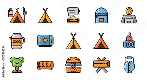 Camping icons illustrations of tents campfires and outdoor equipment