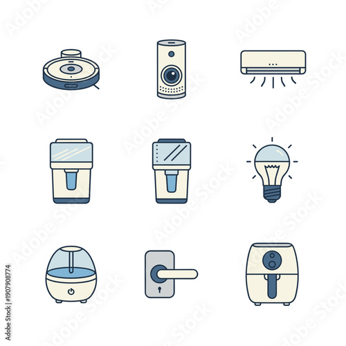 Smart home appliances and electronic devices icon set featuring robot vacuum security camera air conditioner and water dispenser in flat style.