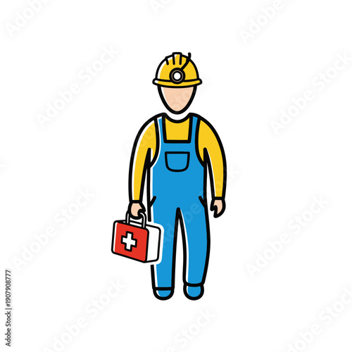 Industrial first aid responder icon with medical kit and safety helmet