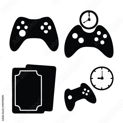Gaming and time management icons with classic video game controller and playing cards