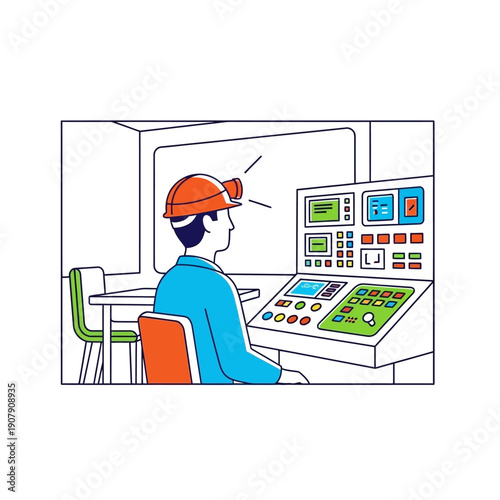 Industrial system operator monitoring complex control panel in command room