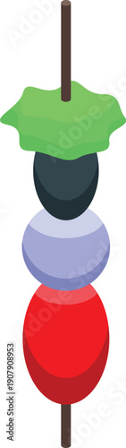 Colorful canape with lettuce, olive, mozzarella and tomato on a stick is being held up, ready to be enjoyed as a delicious appetizer