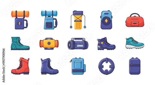 Collection of camping and hiking equipment icons on a white background